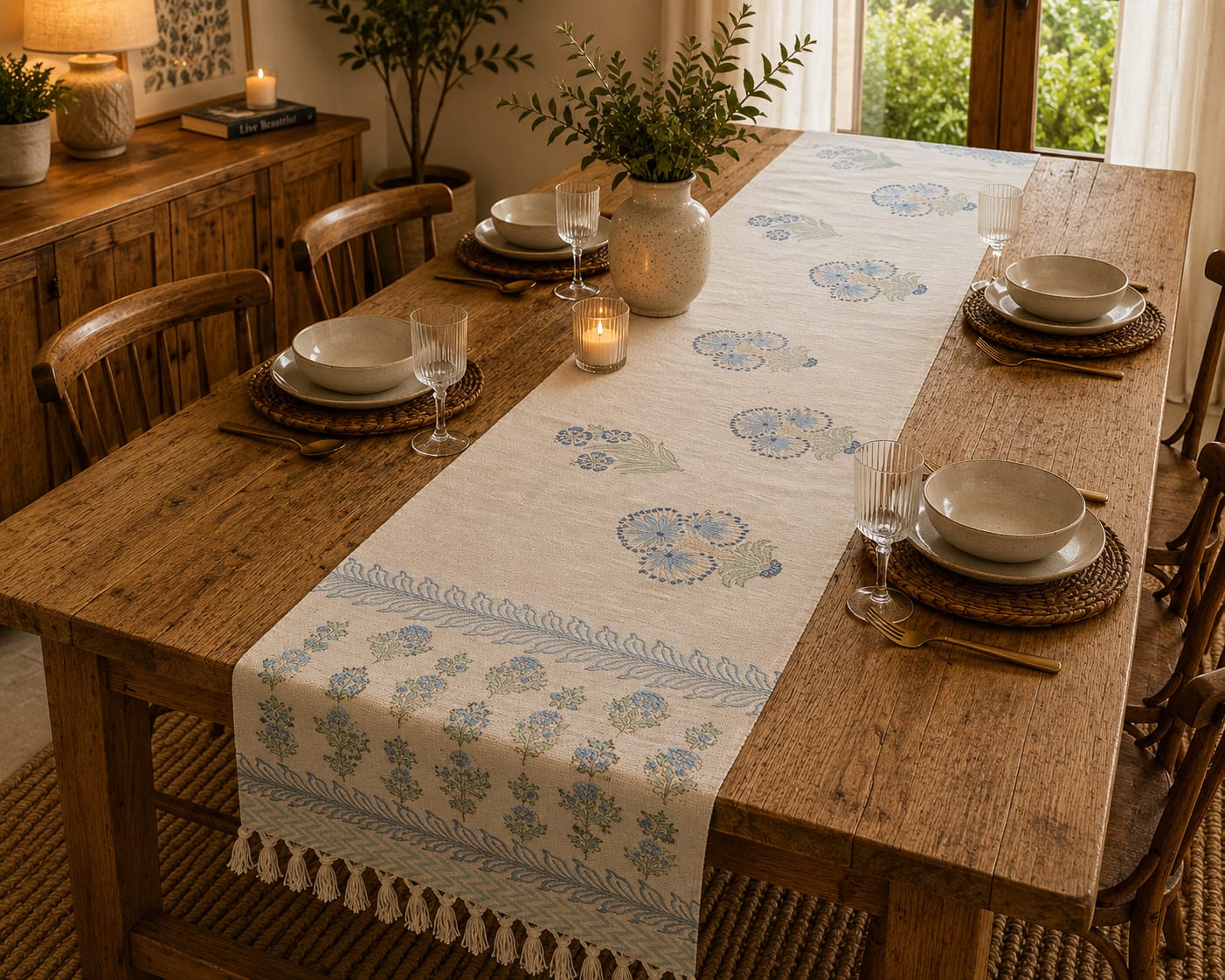 Sky Blue Floral Vine Hand Block Jute Table Runner