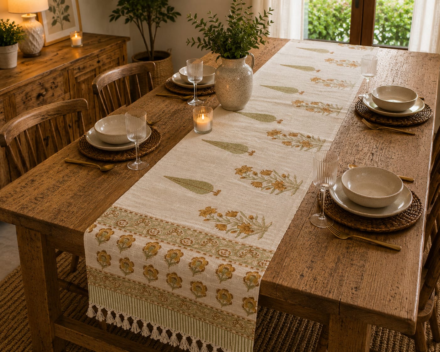 Mustard Botanical Floral Hand Block Jute Table Runner