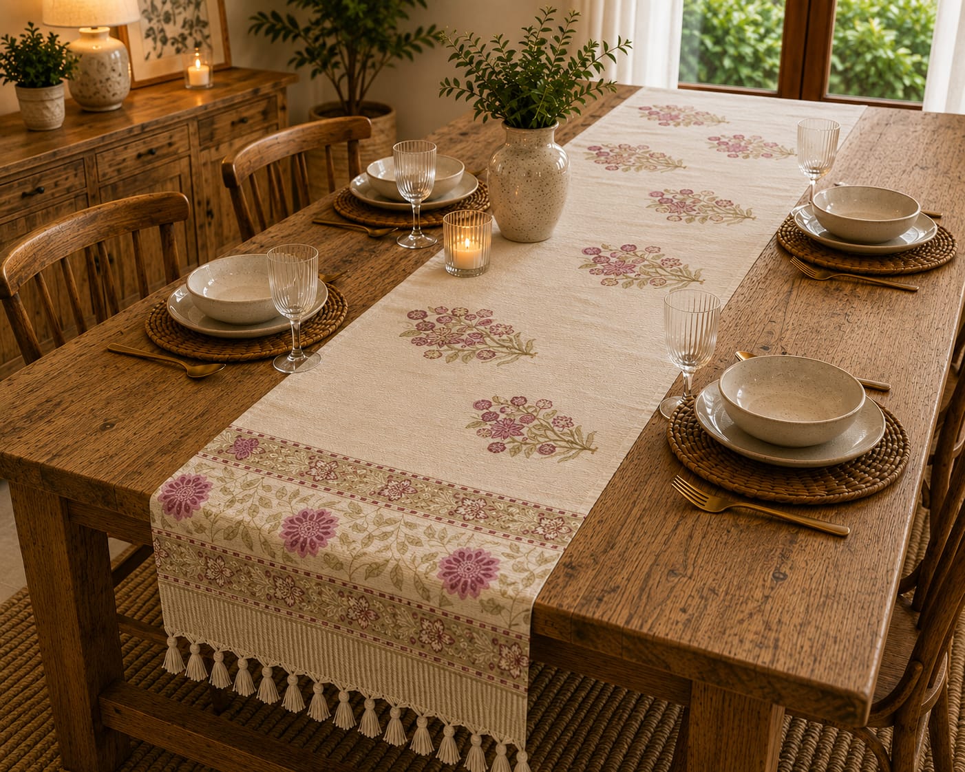 Rose Pink Floral Border Hand Block Jute Table Runner