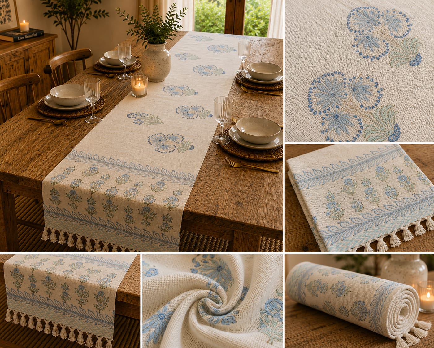 Sky Blue Floral Vine Hand Block Jute Table Runner