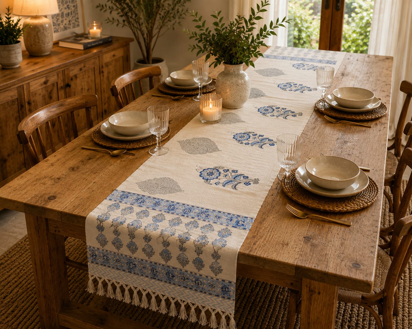 Indigo Floral Paisley Hand Block Jute Table Runner