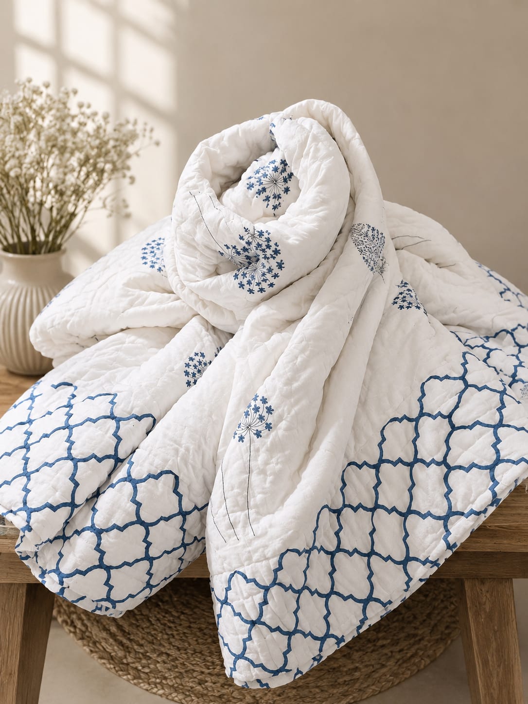 Neel Gulmohar Pure Handblock Quilt & Bedsheet Combo – King Size | Limited Edition Luxury Set