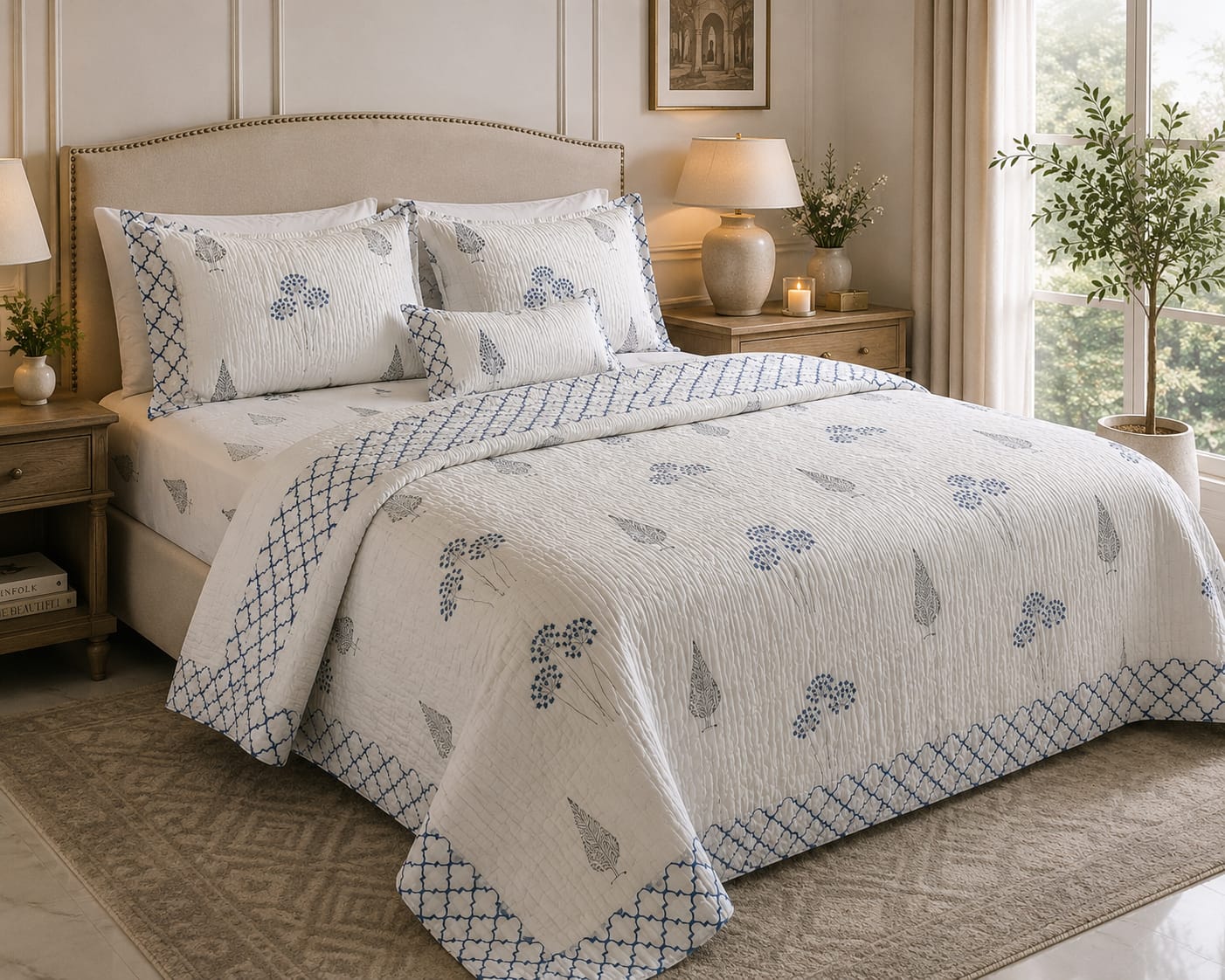 Neel Gulmohar Pure Handblock Quilt & Bedsheet Combo – King Size | Limited Edition Luxury Set