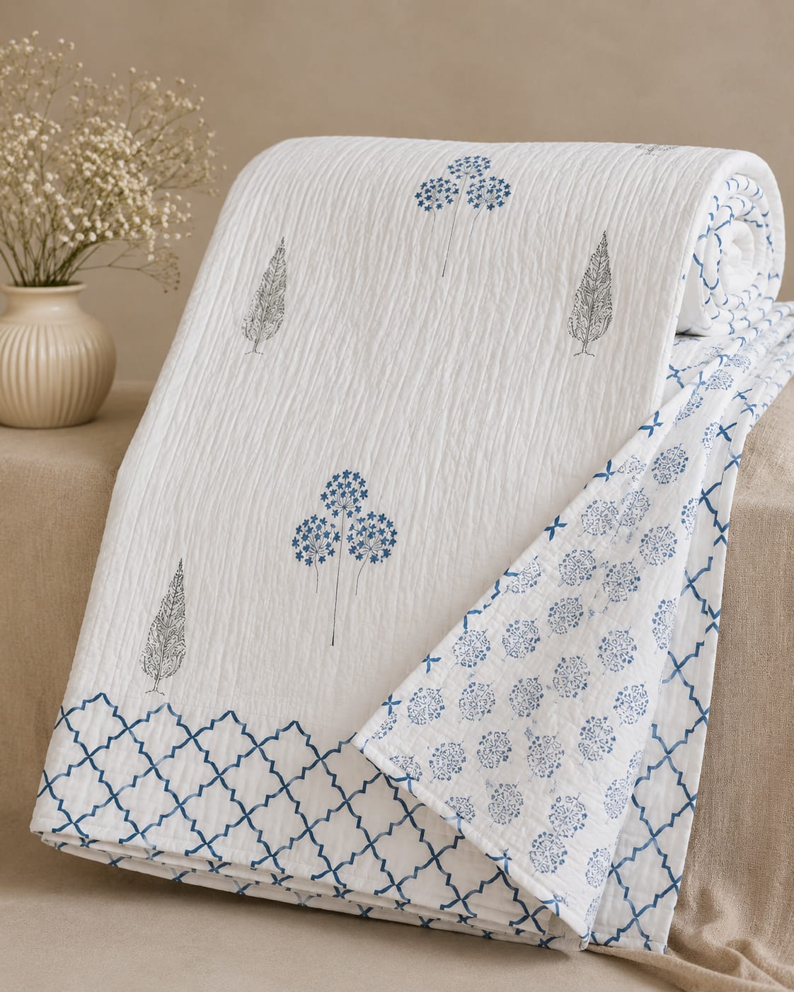 Neel Gulmohar Pure Handblock Quilt & Bedsheet Combo – King Size | Limited Edition Luxury Set