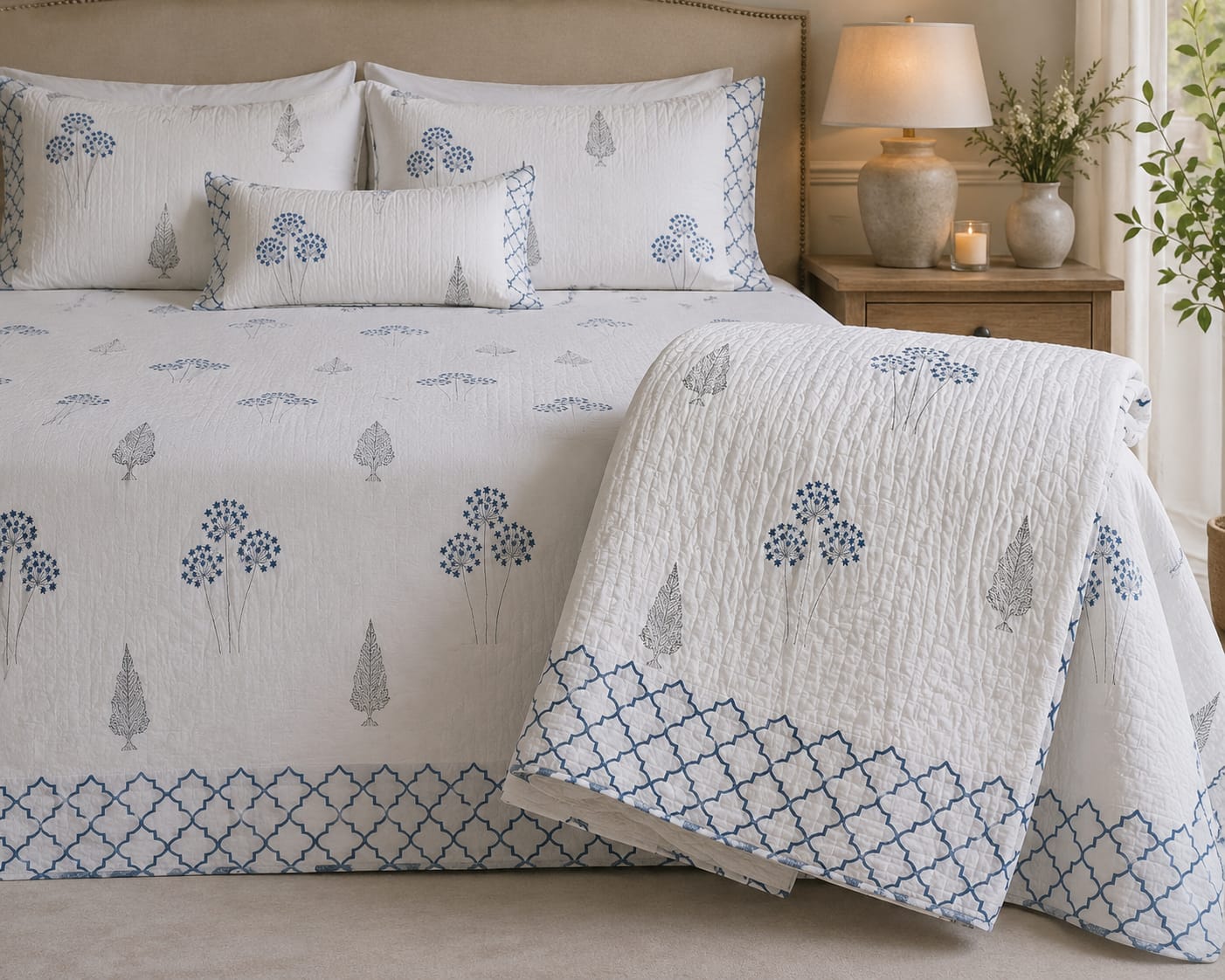 Neel Gulmohar Pure Handblock Quilt & Bedsheet Combo – King Size | Limited Edition Luxury Set