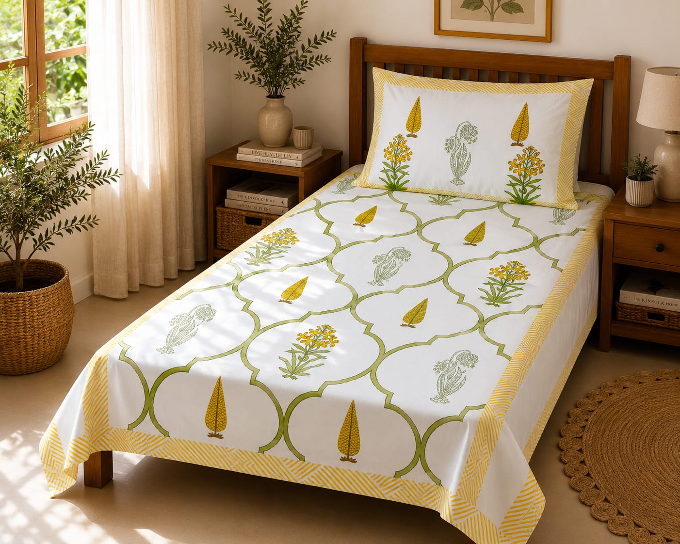 Harit Peela Bel Jaal Single Bedsheet – 100% Cotton | 240 TC