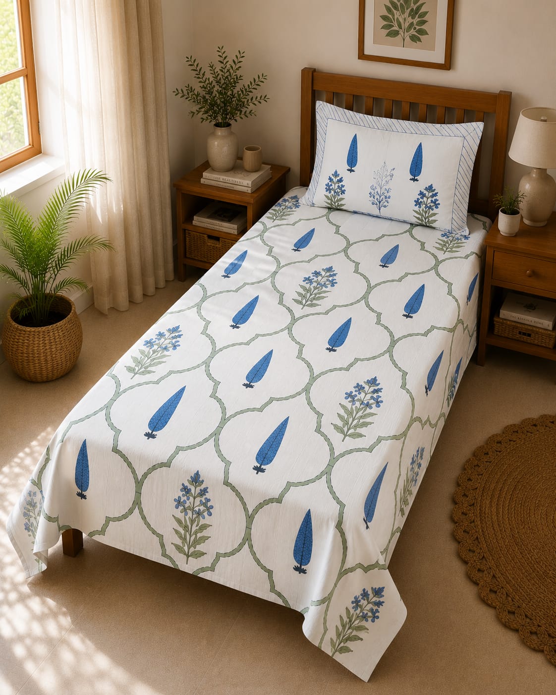 Neel Harit Bel Jaal Single Bedsheet – 100% Cotton | 240 TC