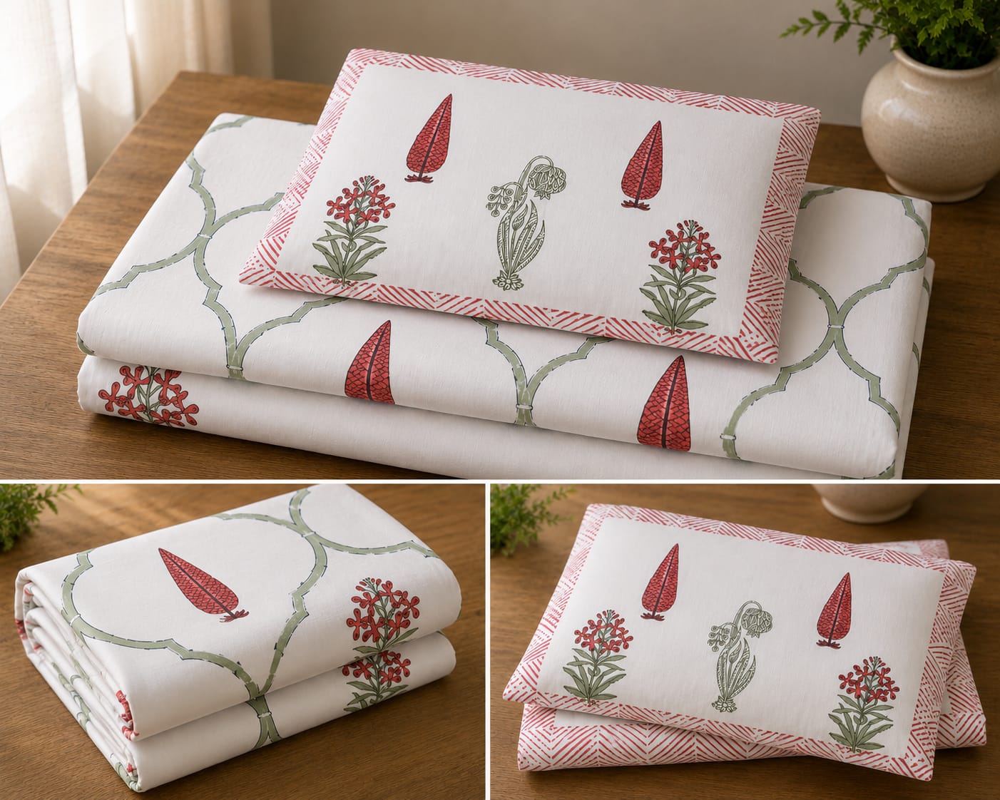 Laal Harit Bel Jaal Single Bedsheet – 100% Cotton | 240 TC