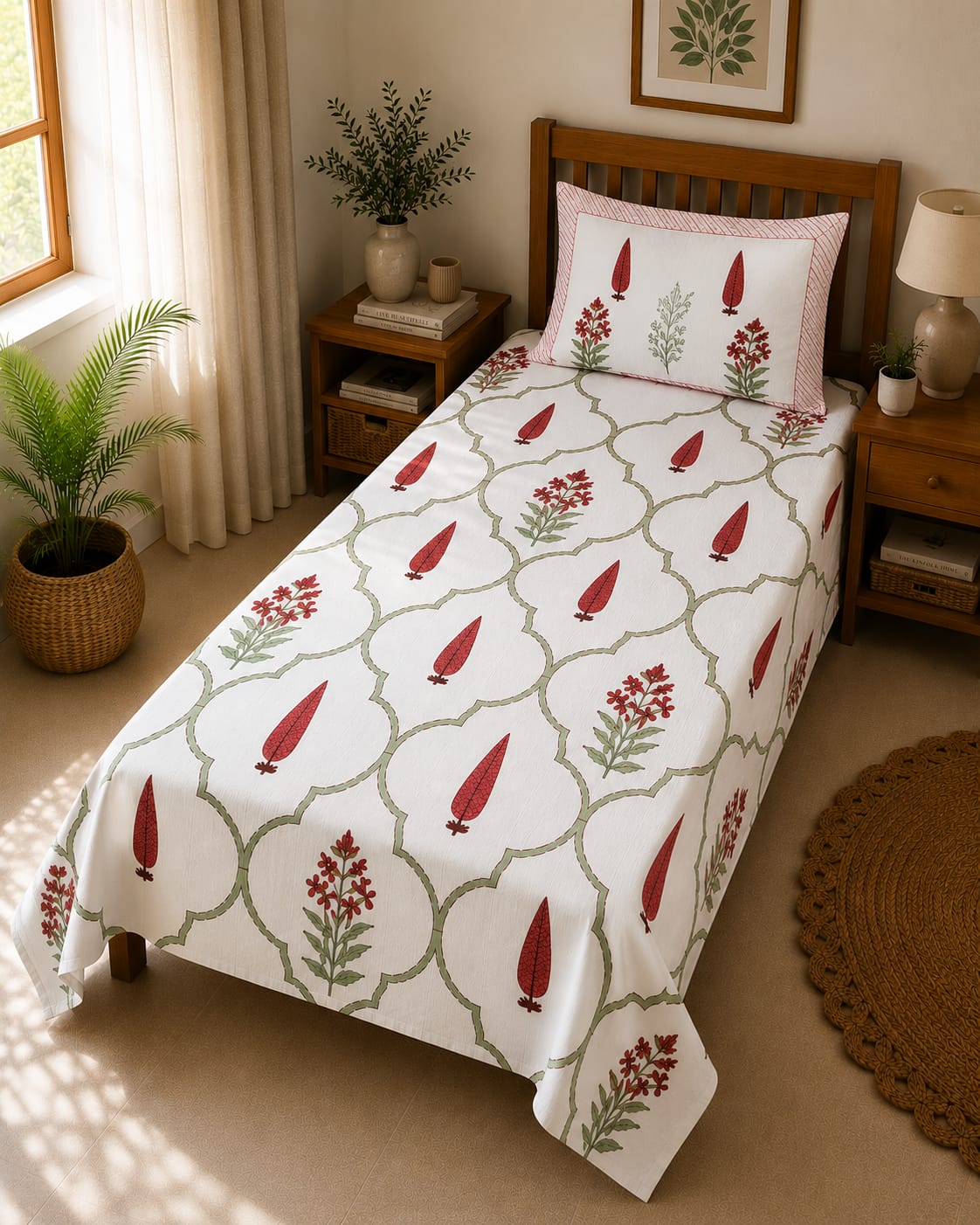 Laal Harit Bel Jaal Single Bedsheet – 100% Cotton | 240 TC