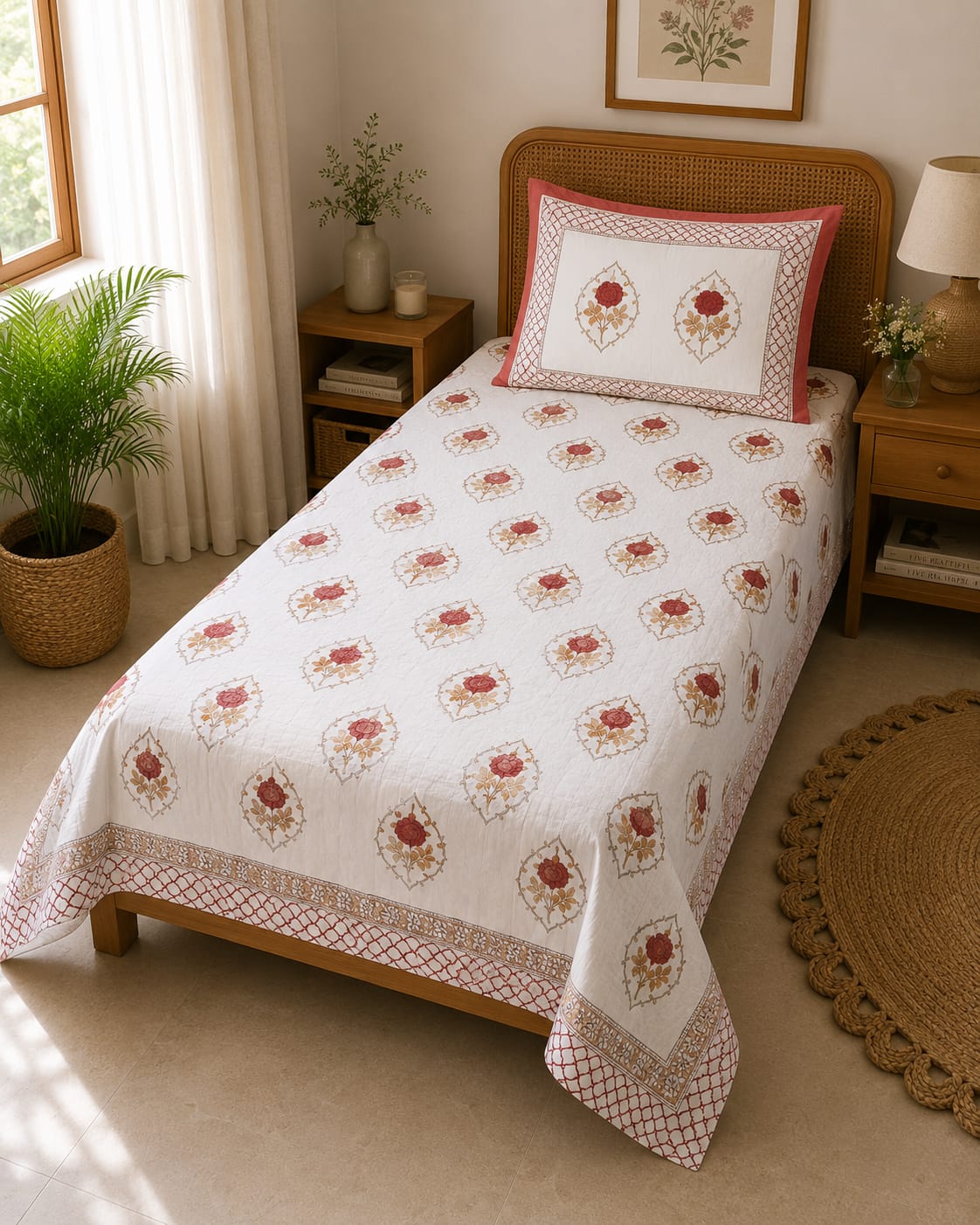 Gulab Mehrab Buta Single Bedsheet – 100% Cotton | 240 TC