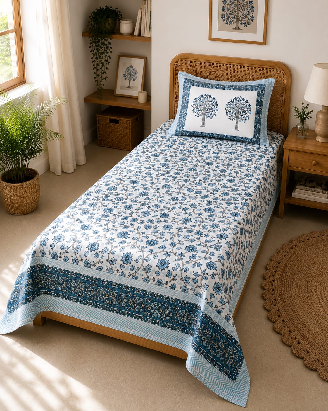 Neel Vriksha Kalamkari Single Bedsheet – 100% Cotton | 240 TC
