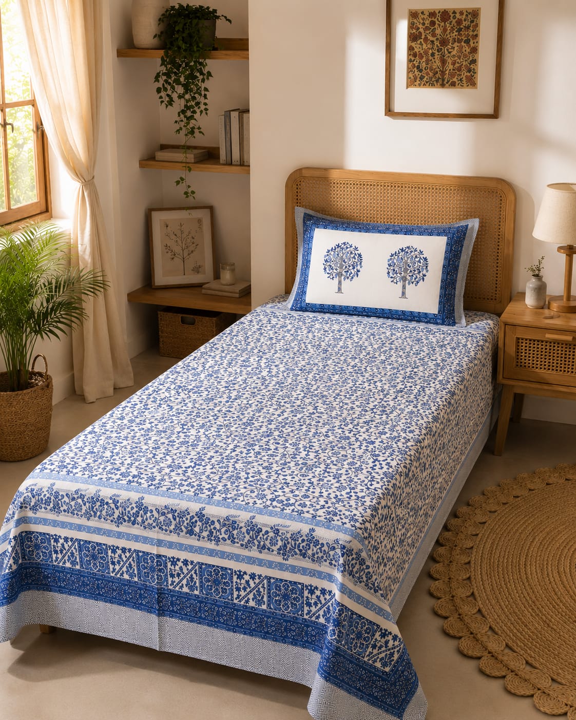 Neel Pushp Lata Border Single Bedsheet – 100% Cotton | 240 TC