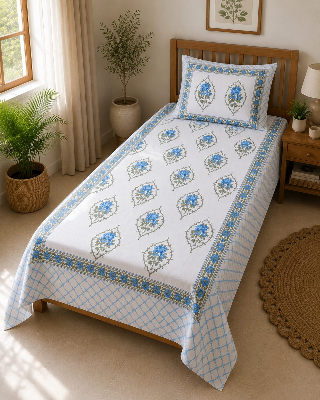 Neel Gulab Mehrab Single Bedsheet – 100% Cotton | 240 TC