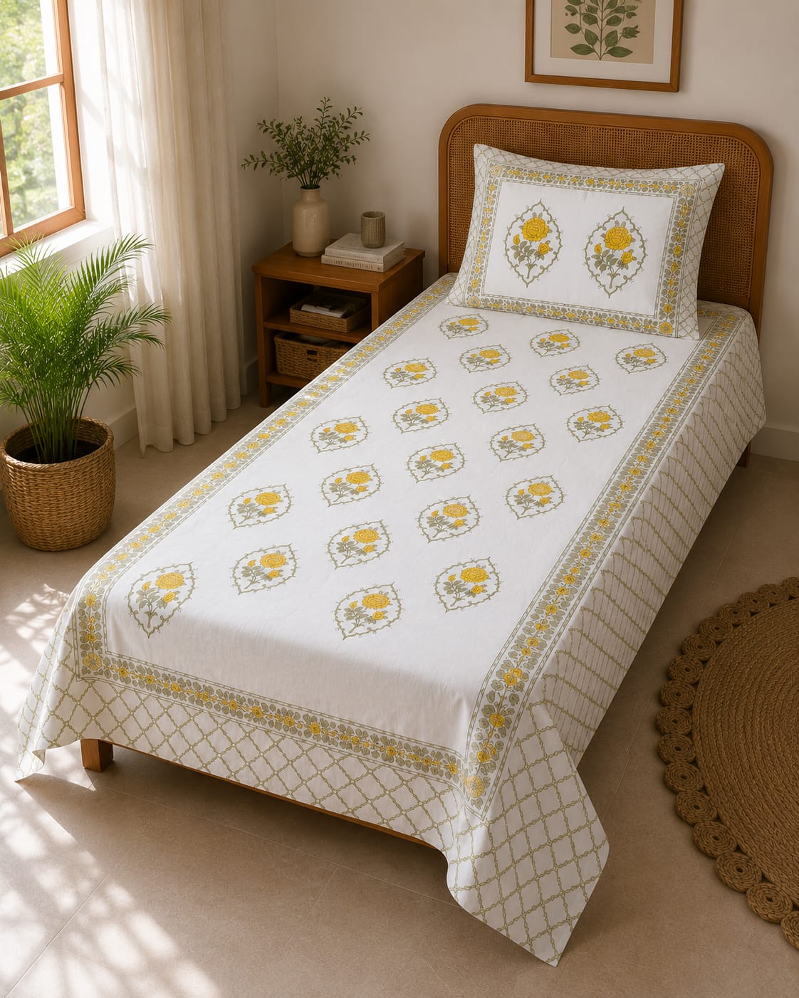 Peela Gulab Mehrab Single Bedsheet – 100% Cotton | 240 TC