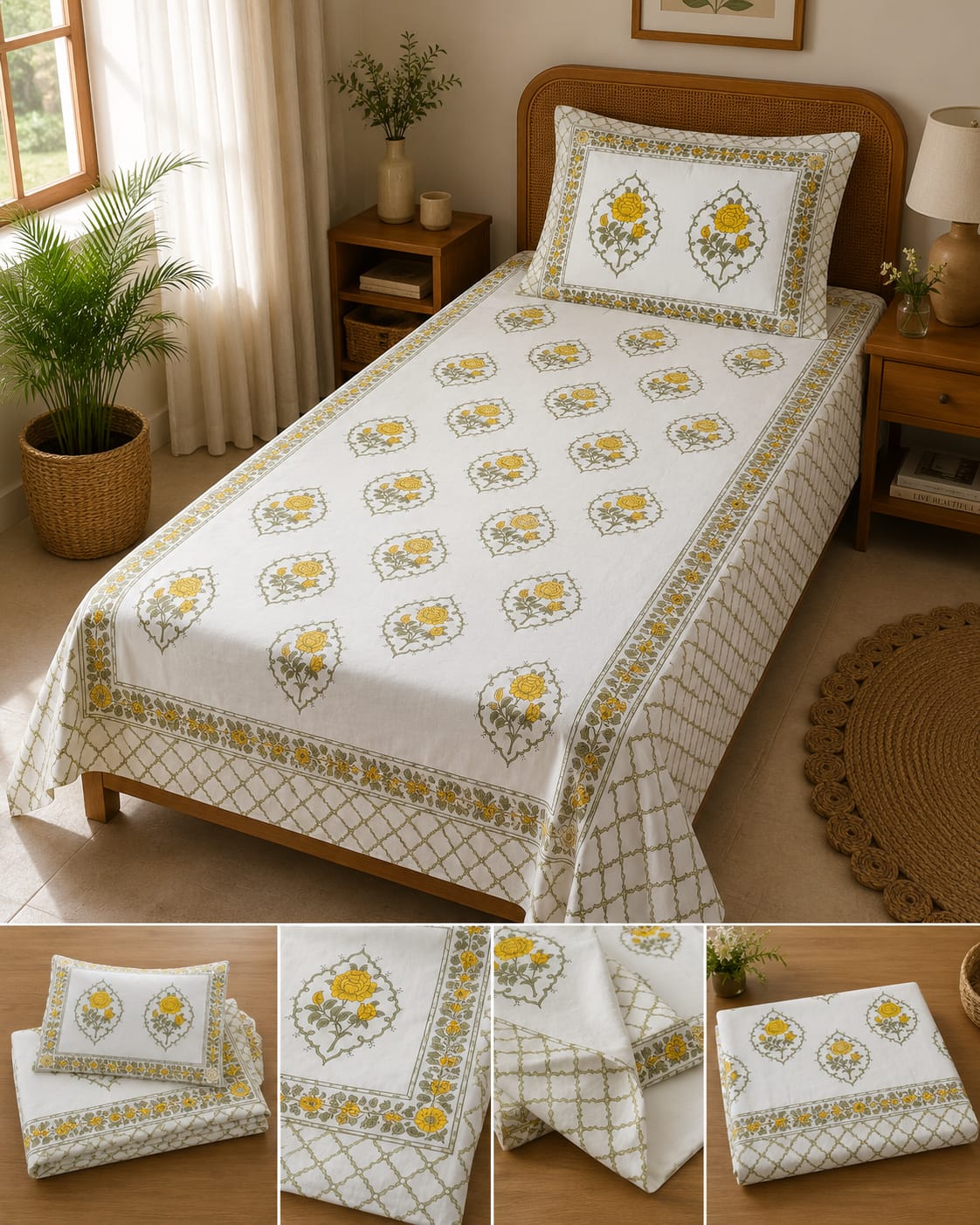 Peela Gulab Mehrab Single Bedsheet – 100% Cotton | 240 TC
