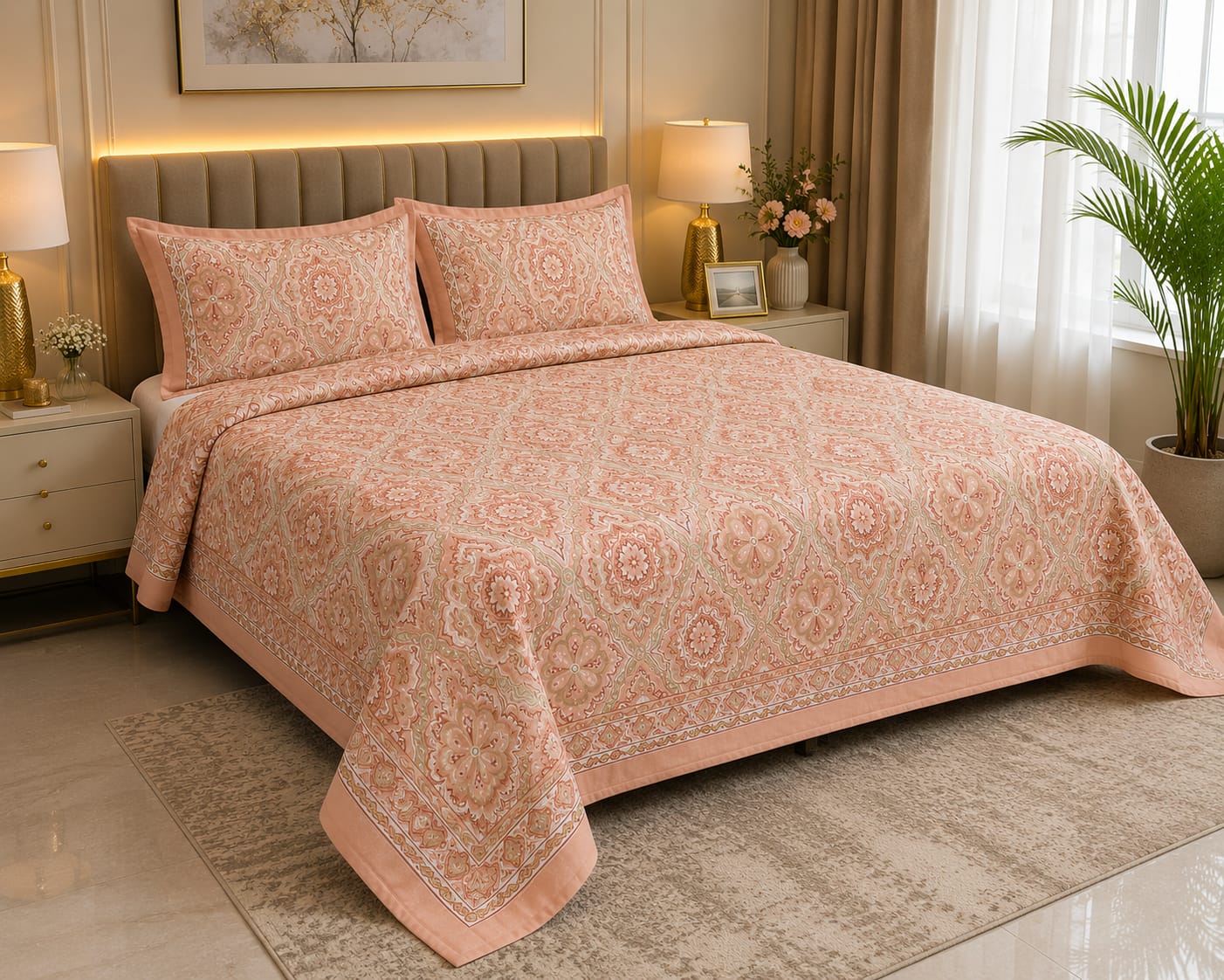 Blush Pink Floral Cotton King Size Bedsheet – Handblock Inspired Print | Premium Bedding