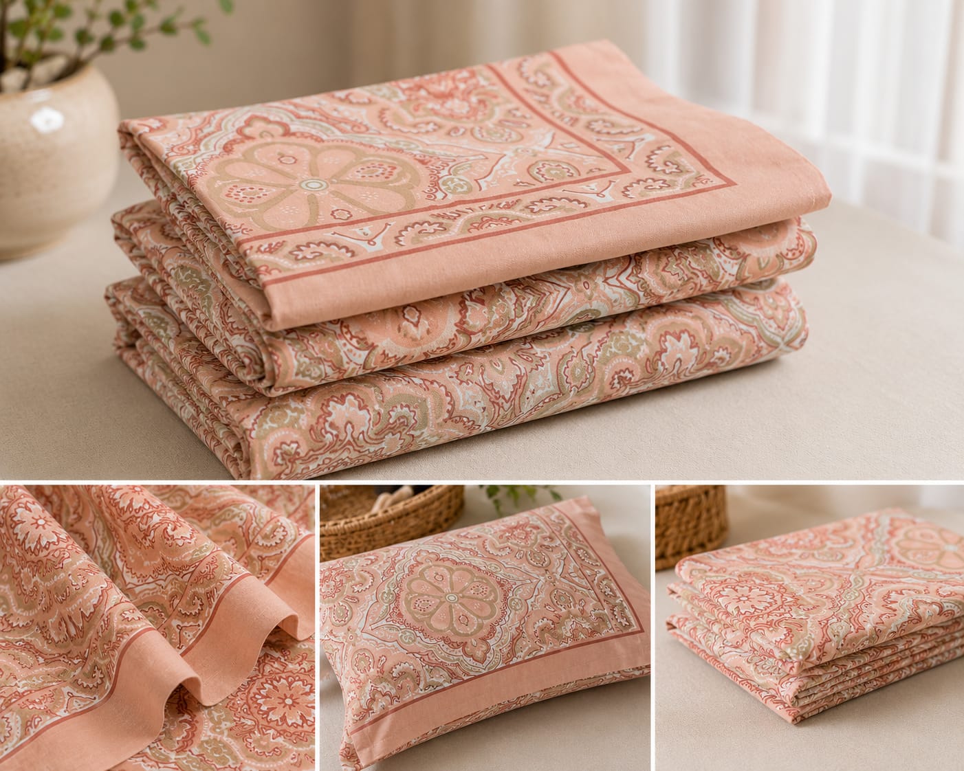 Blush Pink Floral Cotton King Size Bedsheet – Handblock Inspired Print | Premium Bedding
