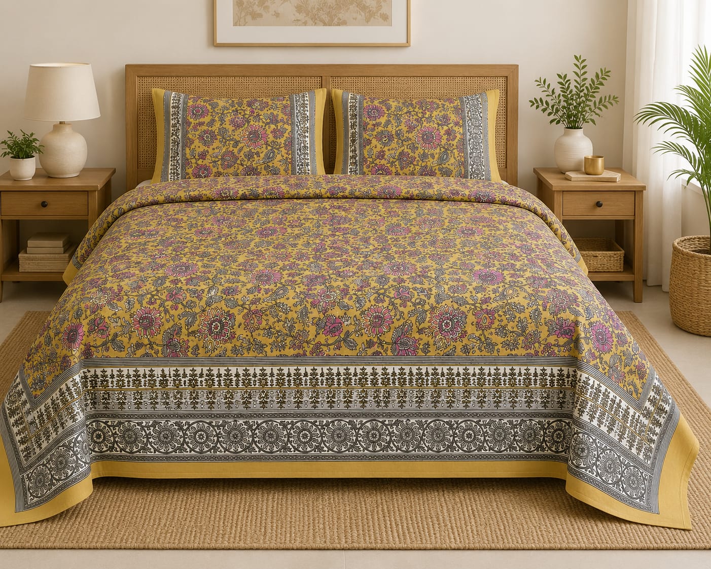 Mustard Yellow Floral Cotton King Size Bedsheet – Handblock Inspired Print | Premium Bedding
