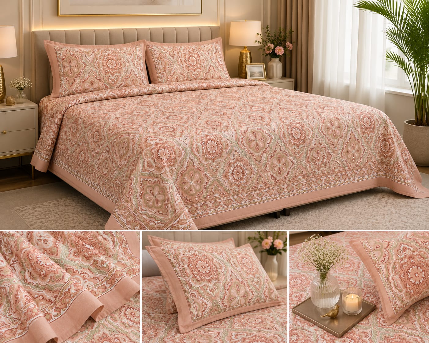 Blush Pink Floral Cotton King Size Bedsheet – Handblock Inspired Print | Premium Bedding