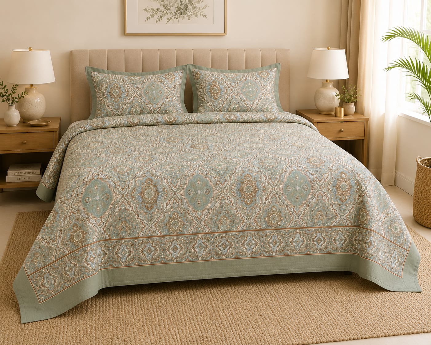 Sage Mint Ethnic Cotton King Size Bedsheet – Handblock Inspired Print | Premium Bedding