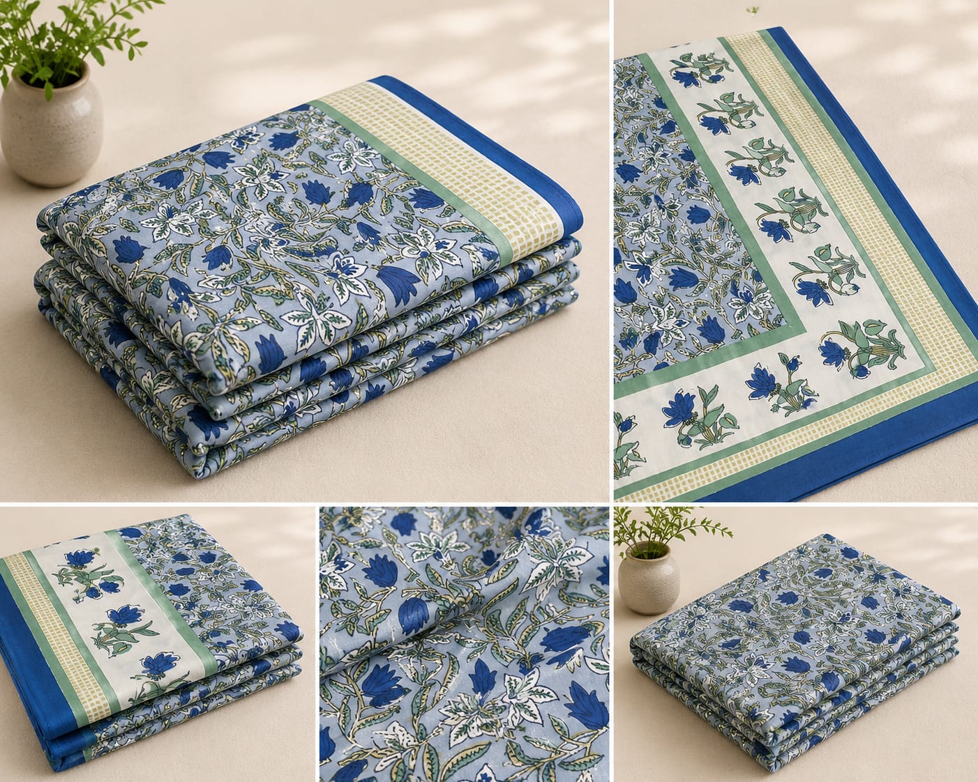 Blue Botanical Cotton King Size Bedsheet – Handblock Inspired Print | Premium Bedding