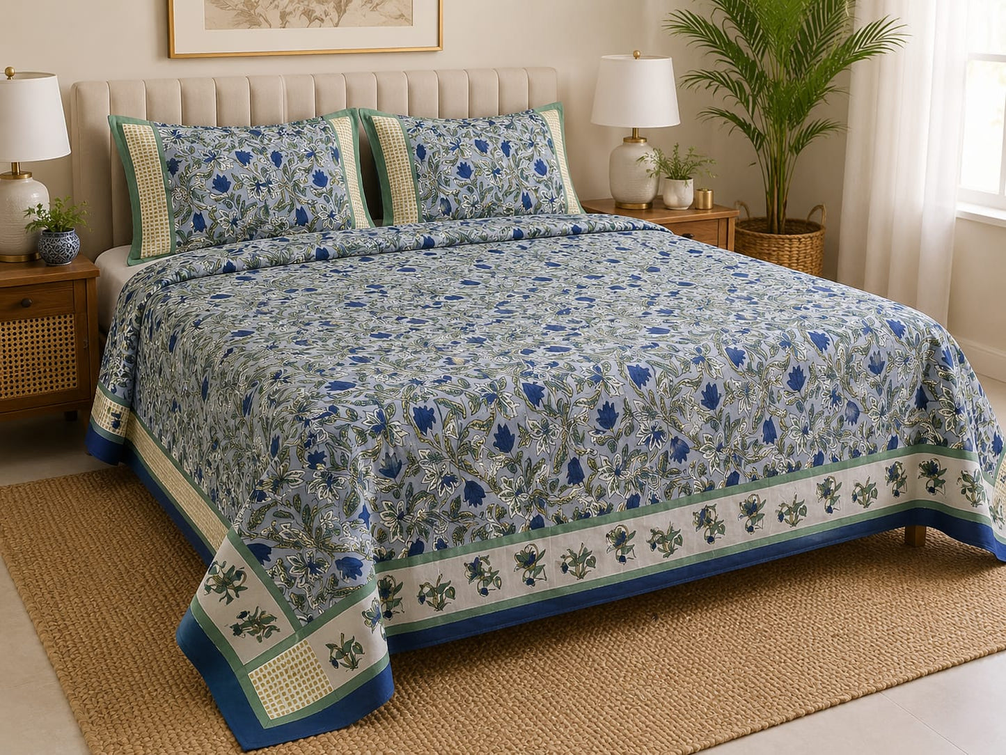Blue Botanical Cotton King Size Bedsheet – Handblock Inspired Print | Premium Bedding