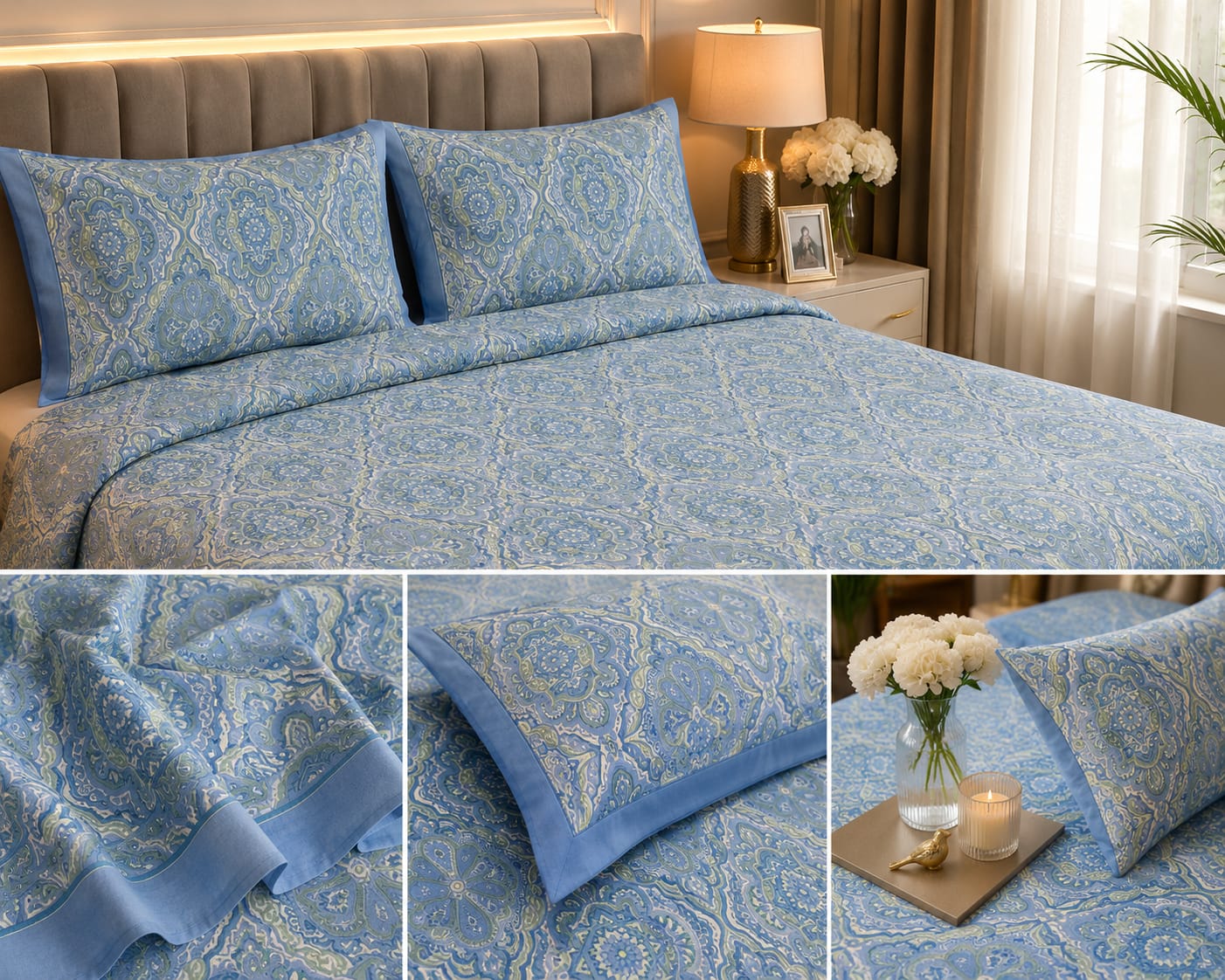Royal Blue Ornamental Cotton King Size Bedsheet – Handblock Inspired Print | Premium Bedding