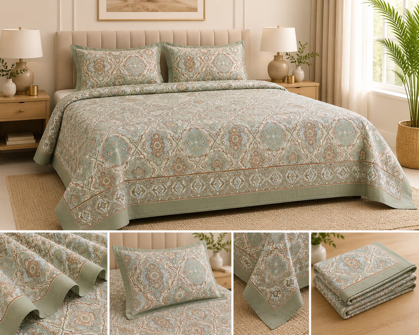 Sage Mint Ethnic Cotton King Size Bedsheet – Handblock Inspired Print | Premium Bedding