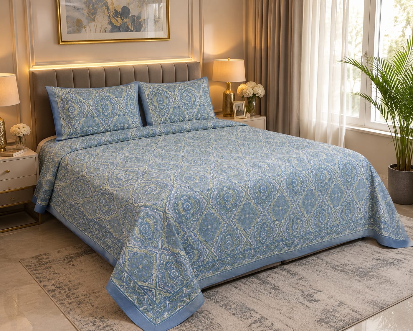 Royal Blue Ornamental Cotton King Size Bedsheet – Handblock Inspired Print | Premium Bedding