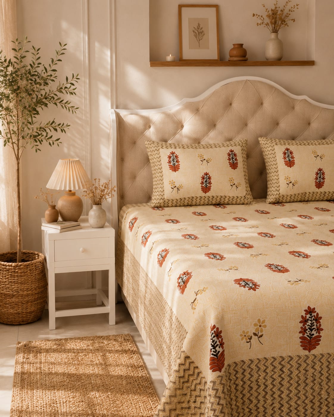 Cream Boota Ethnic Cotton King Size Bedsheet – Handblock Inspired Print | Premium Bedding