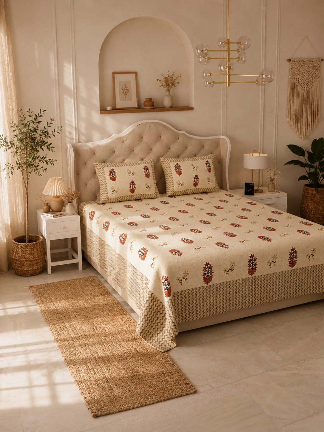 Cream Boota Ethnic Cotton King Size Bedsheet – Handblock Inspired Print | Premium Bedding
