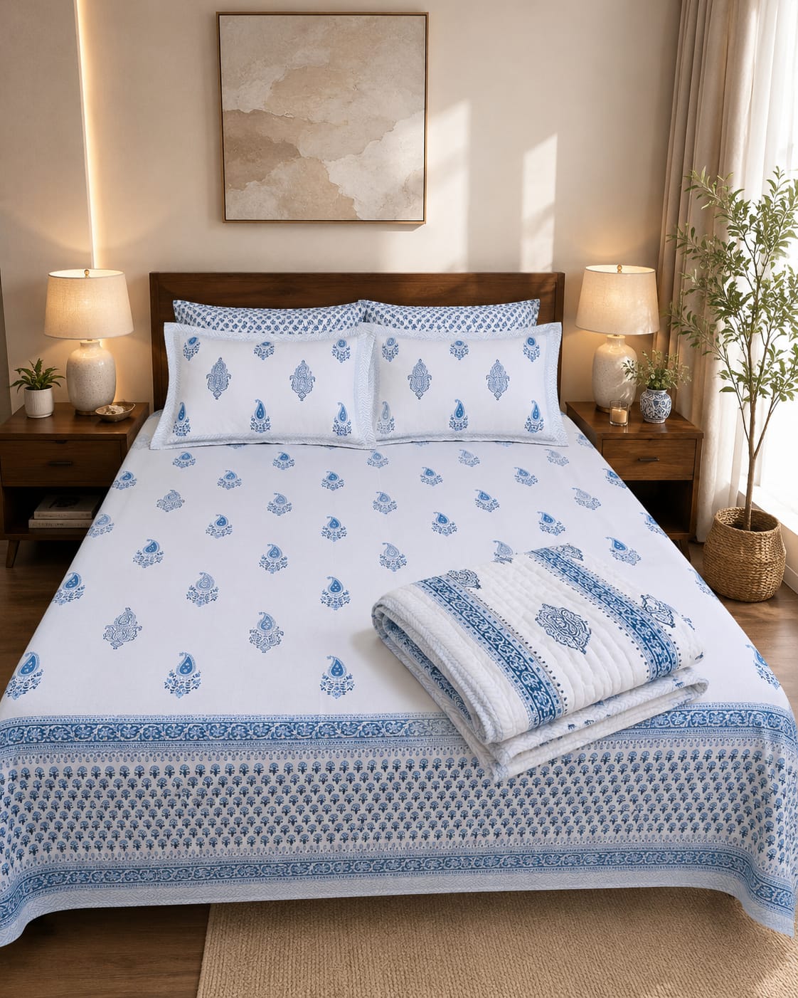 Royal Paisley Blue Pure Handblock Quilt & Bedsheet Combo – 108×108 | One Piece Luxury Set