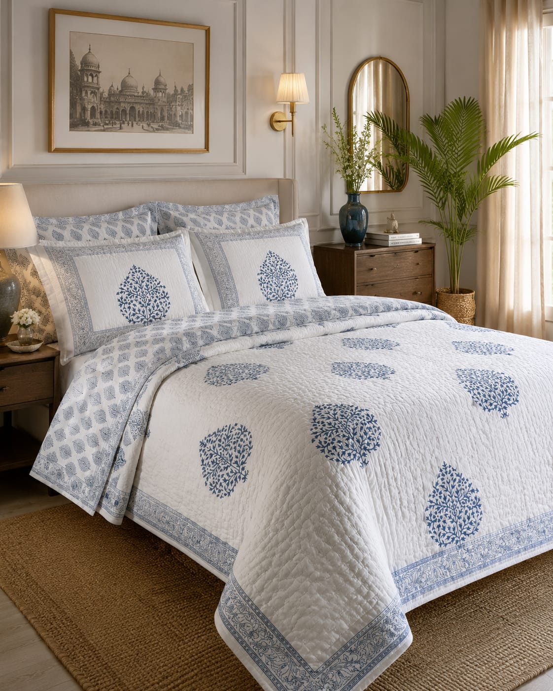 Mughal Tree Blue Pure Handblock Quilt & Bedsheet Combo – 108×108 | One Piece Luxury Set