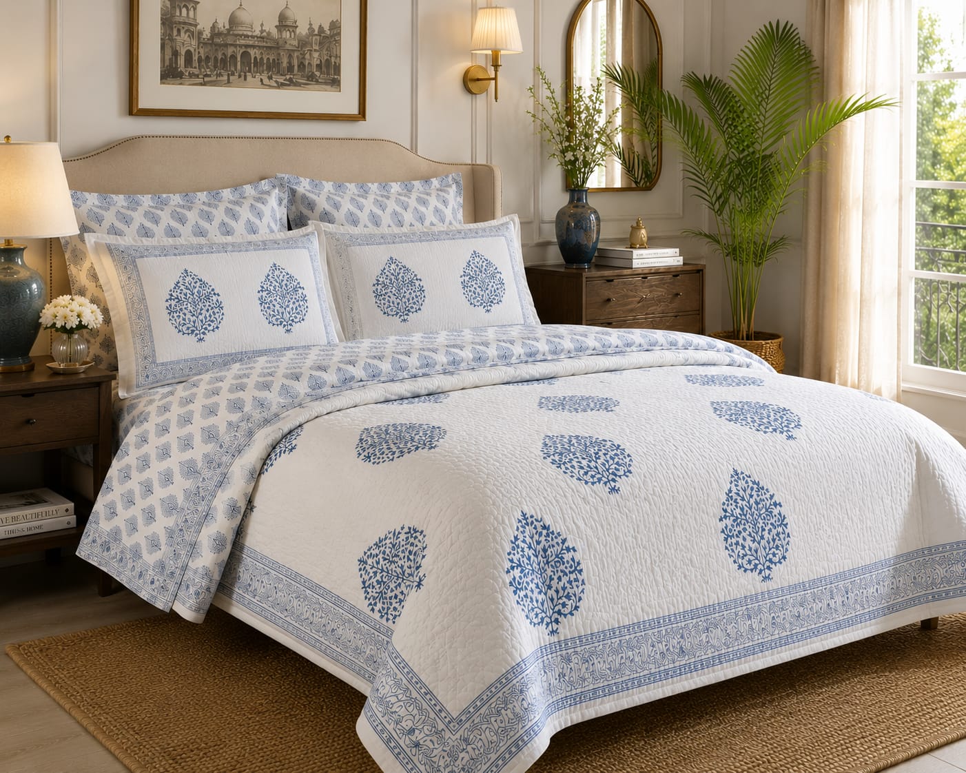 Mughal Tree Blue Pure Handblock Quilt & Bedsheet Combo – 108×108 | One Piece Luxury Set