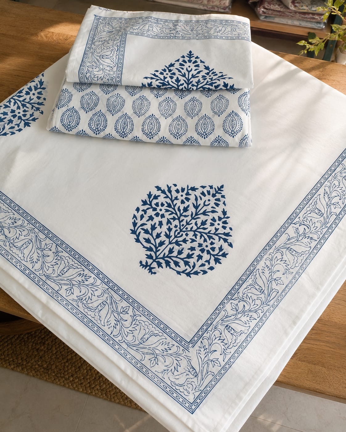 Mughal Tree Blue Pure Handblock Quilt & Bedsheet Combo – 108×108 | One Piece Luxury Set