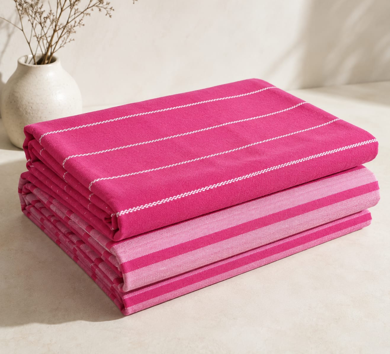 Fuchsia Pink Stripe Premium Handloom Bedsheet Set