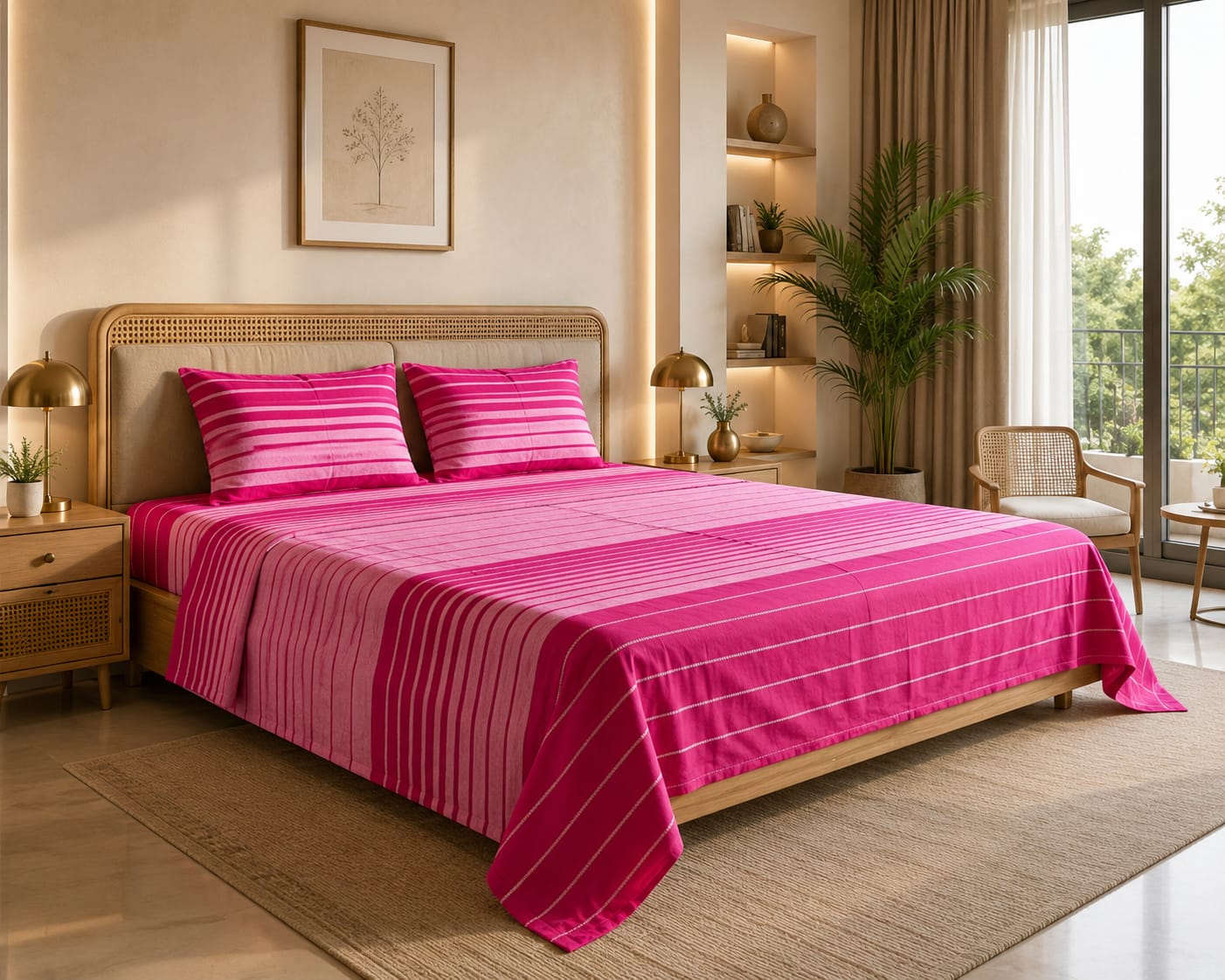 Fuchsia Pink Stripe Premium Handloom Bedsheet Set