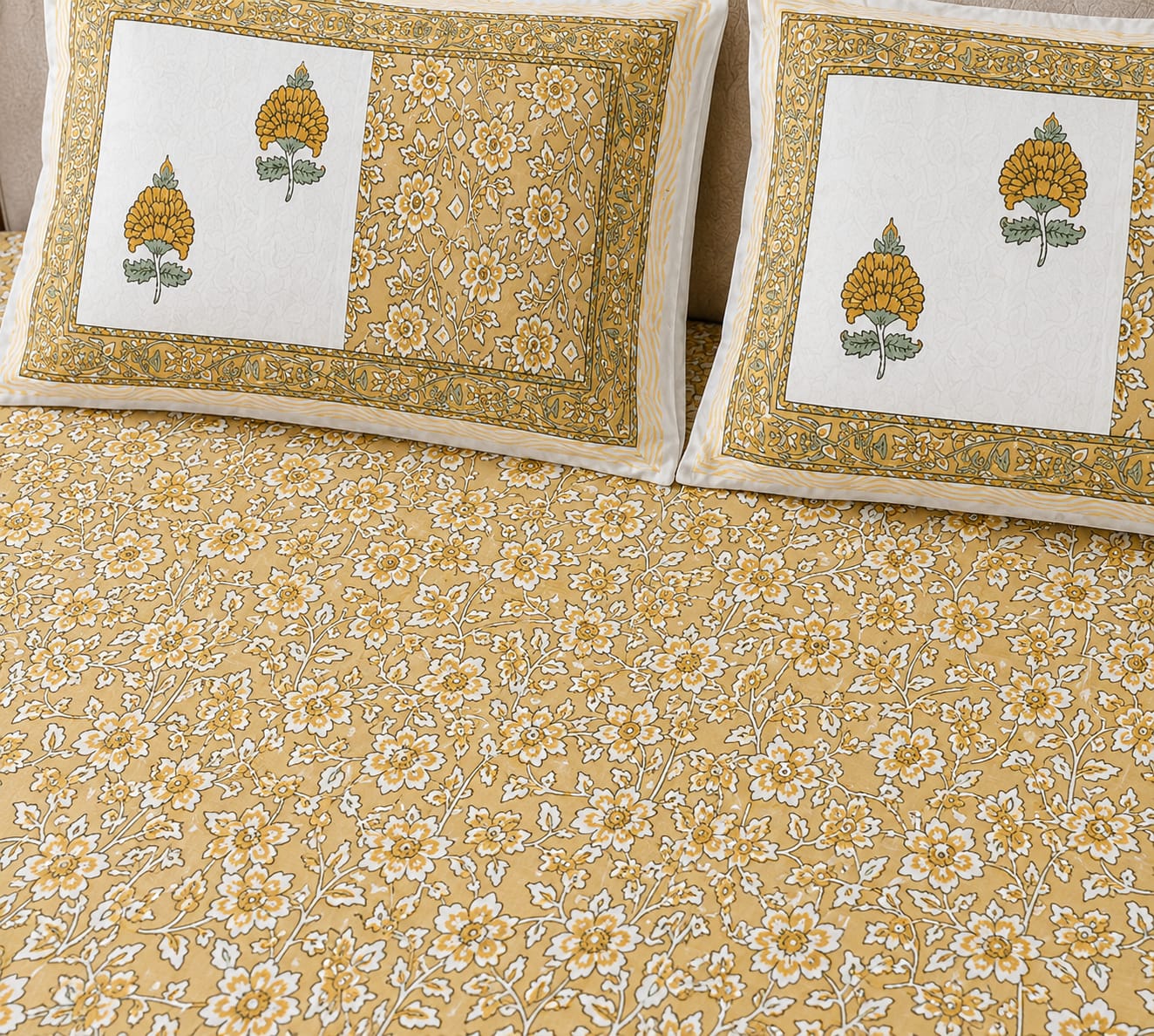 Mustard Floral Garden Cotton King Size Bedsheet – Handblock Inspired Print | Premium Bedding