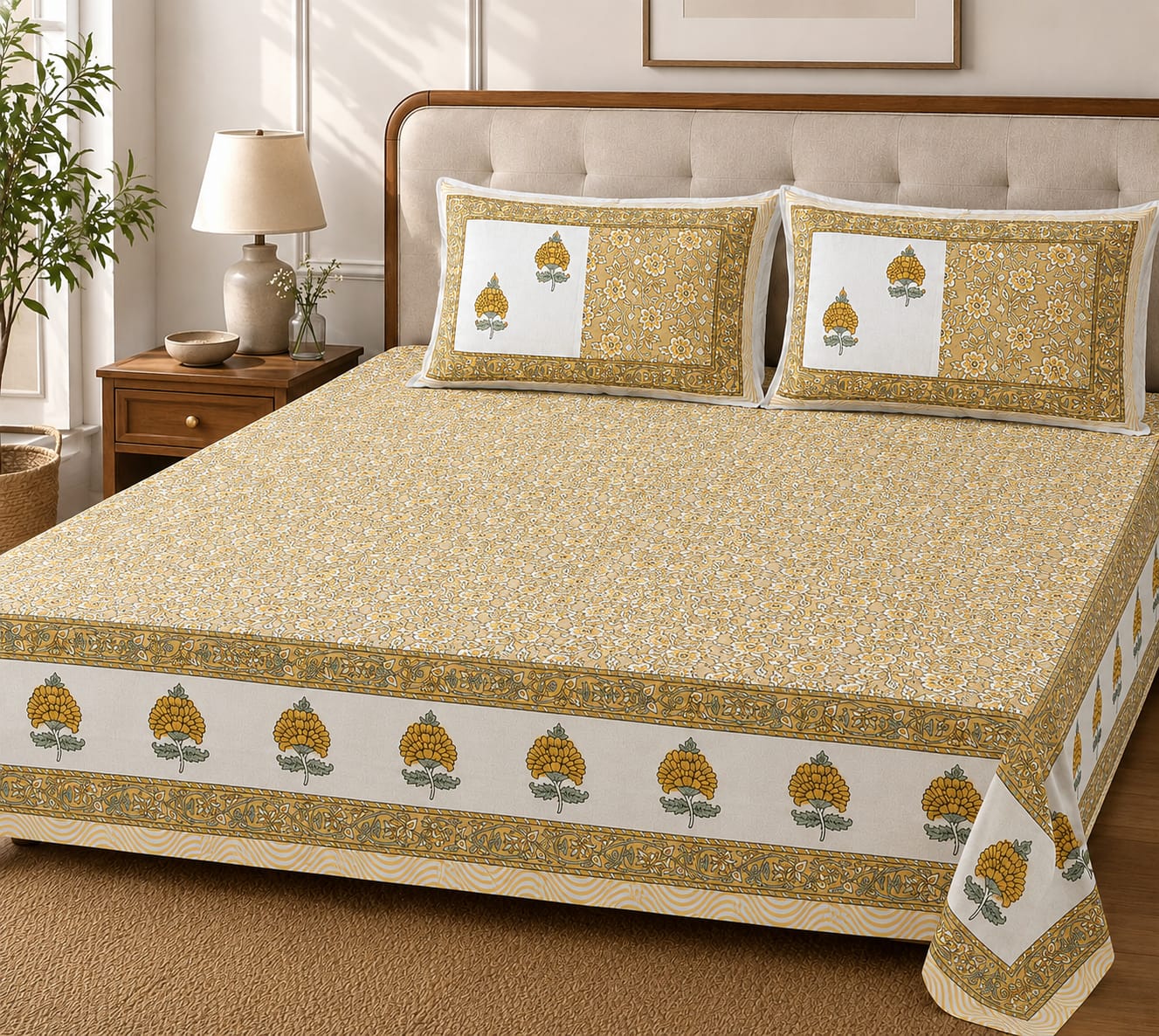 Mustard Floral Garden Cotton King Size Bedsheet – Handblock Inspired Print | Premium Bedding