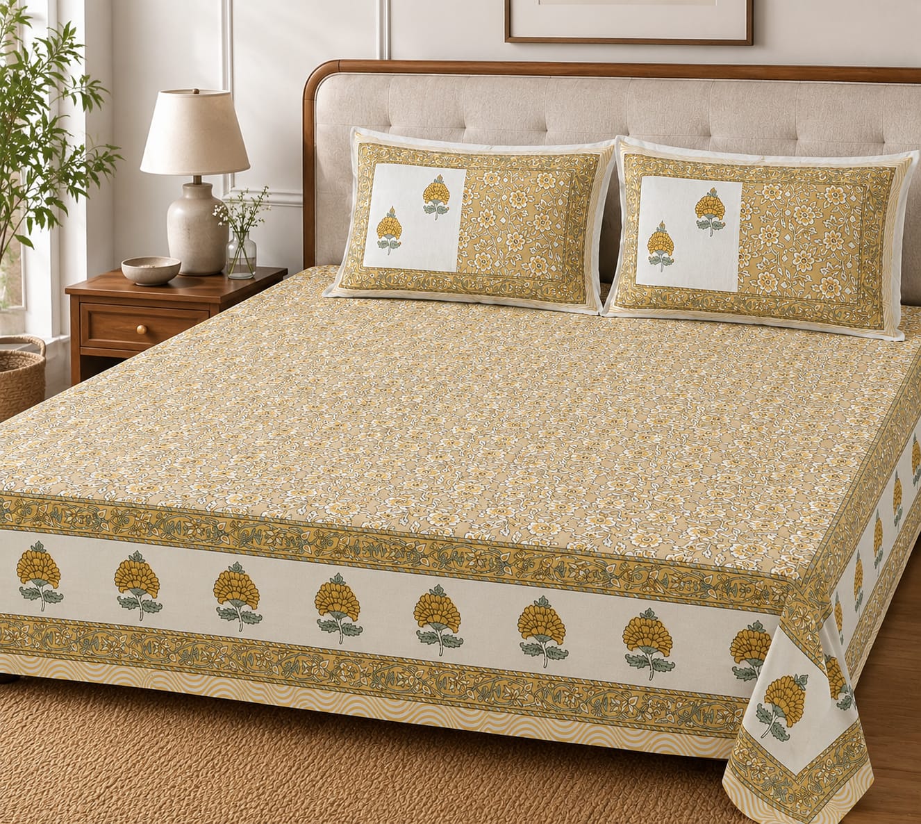 Mustard Floral Garden Cotton King Size Bedsheet – Handblock Inspired Print | Premium Bedding