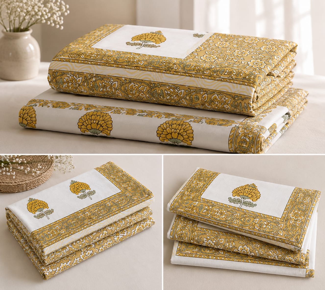 Mustard Floral Garden Cotton King Size Bedsheet – Handblock Inspired Print | Premium Bedding