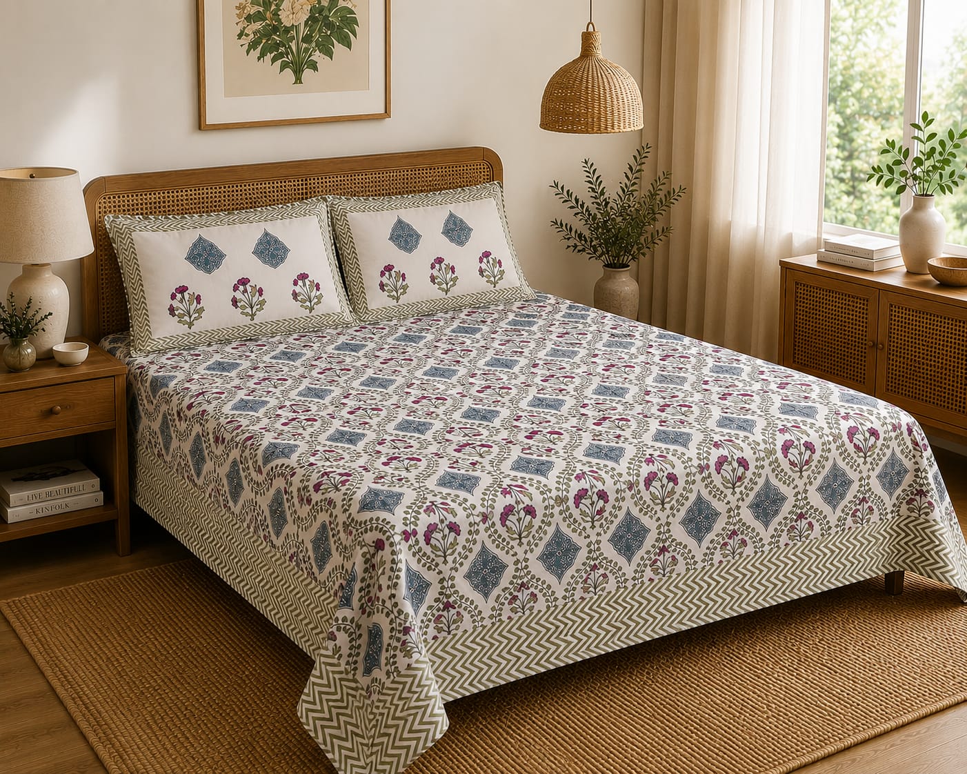 Neel Gulnaar Floral Jaal Print - 260 TC Cotton Bedsheet - ChapaSSyahi