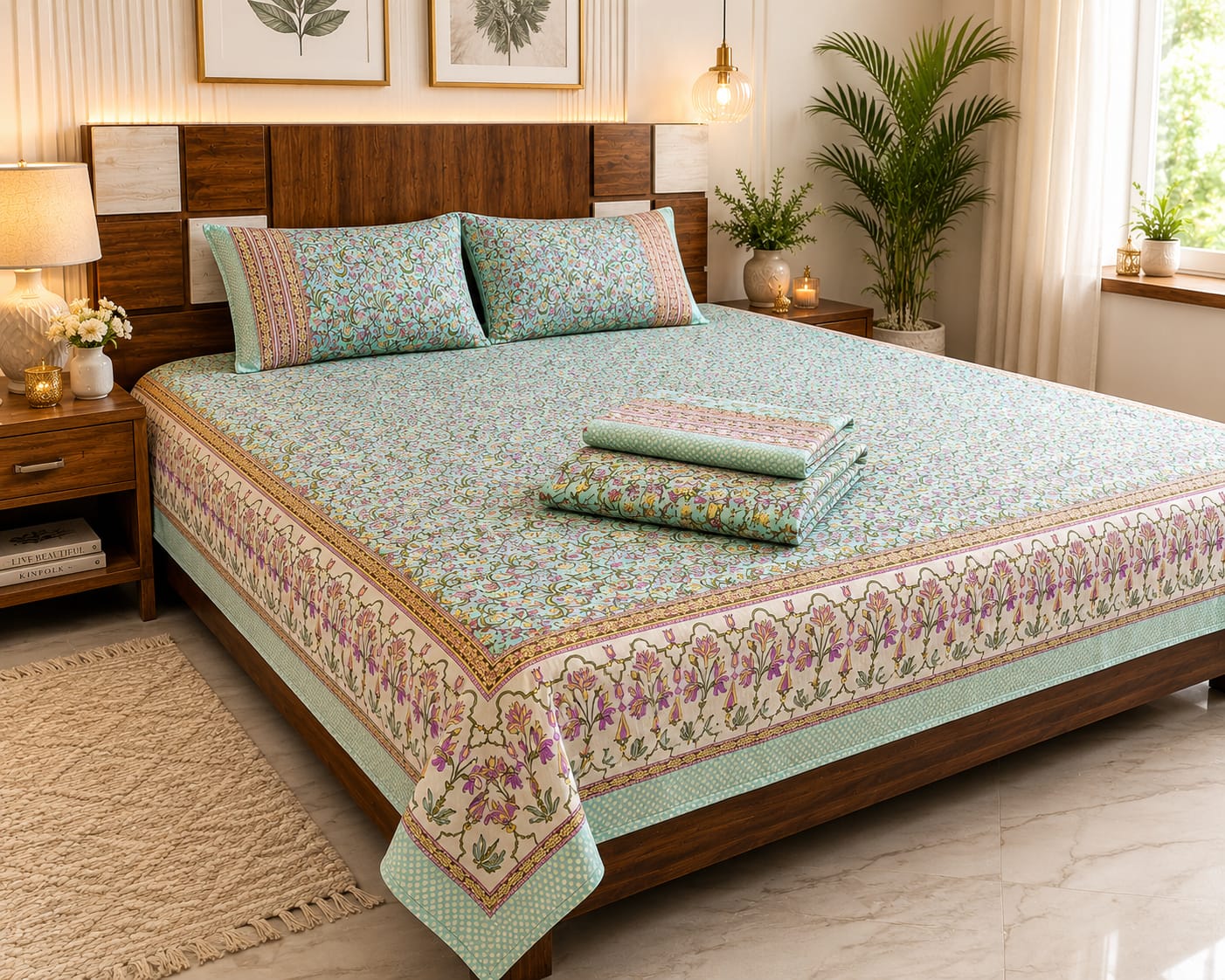 Aqua Gulnaar Floral Handblock Print - 260 TC Cotton Bedsheet - ChapaSSyahi