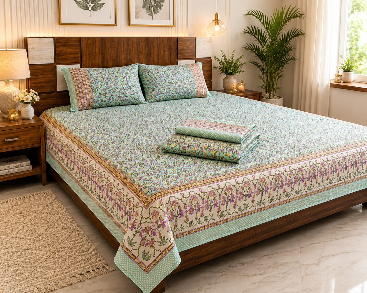 Aqua Gulnaar Floral Handblock 260 TC Cotton Bedsheet