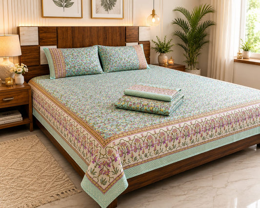 Aqua Gulnaar Floral Handblock Print - 260 TC Cotton Bedsheet - ChapaSSyahi