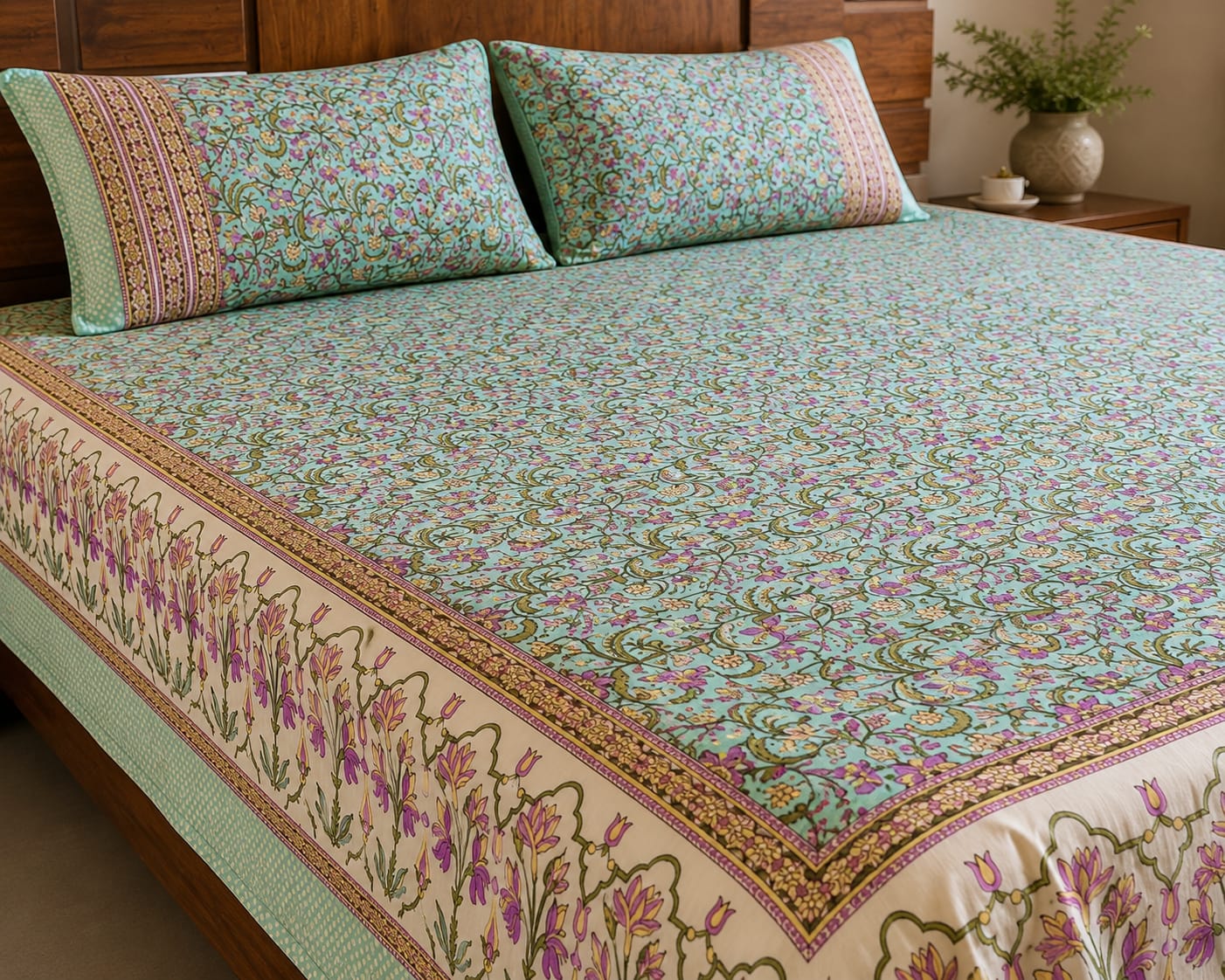 Aqua Gulnaar Floral Handblock Print - 260 TC Cotton Bedsheet - ChapaSSyahi