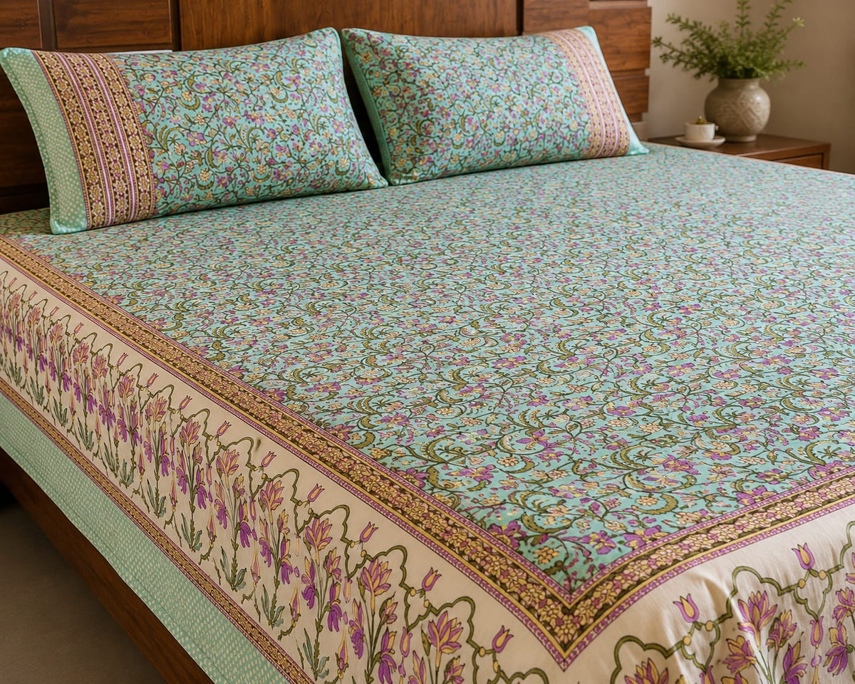 Aqua Gulnaar Floral Handblock 260 TC Cotton Bedsheet