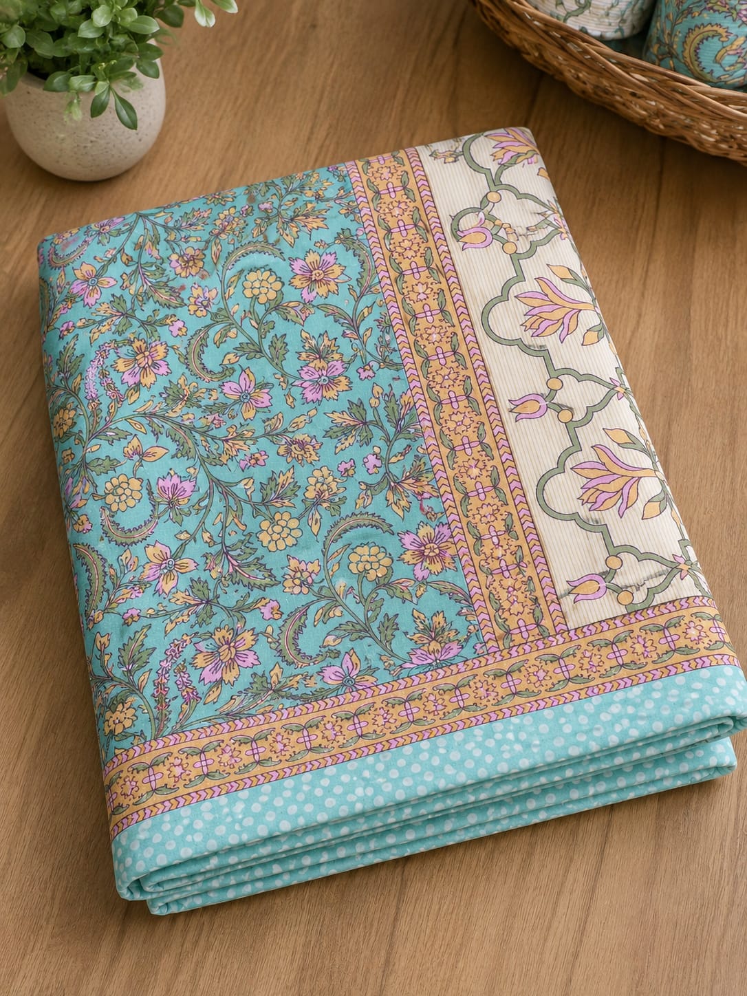 Aqua Gulnaar Floral Handblock Print - 260 TC Cotton Bedsheet - ChapaSSyahi