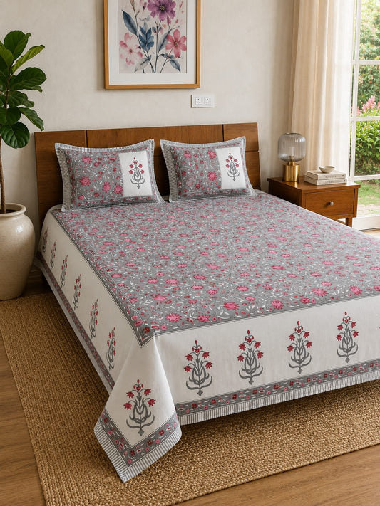 Gulabi Grey Floral Buti Print - 260 TC Cotton Bedsheet - ChapaSSyahi