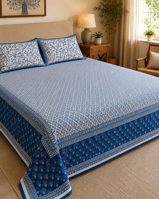 Indigo Neel Paisley Handblock Print - 260 TC Cotton Bedsheet - ChapaSSyahi